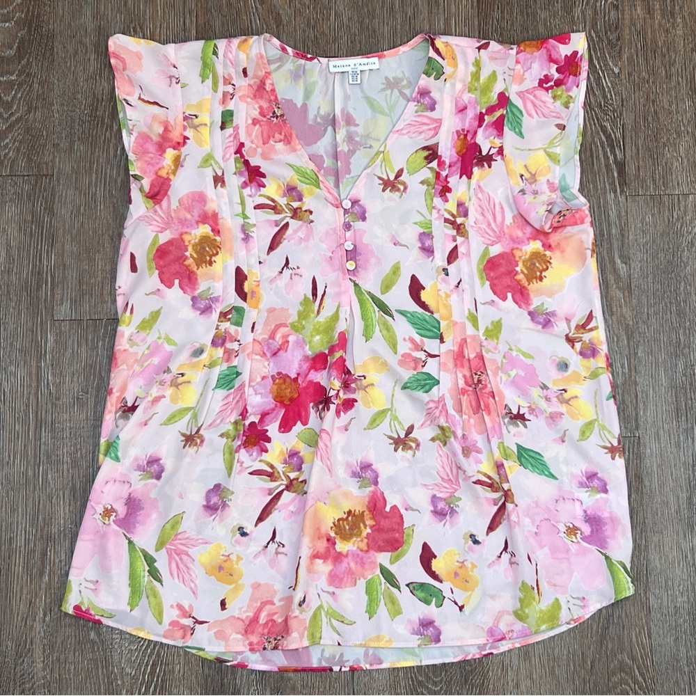 Maison d'Amélie Paris Watercolor Floral Pleated Blouse Sleeveless | Size: Med